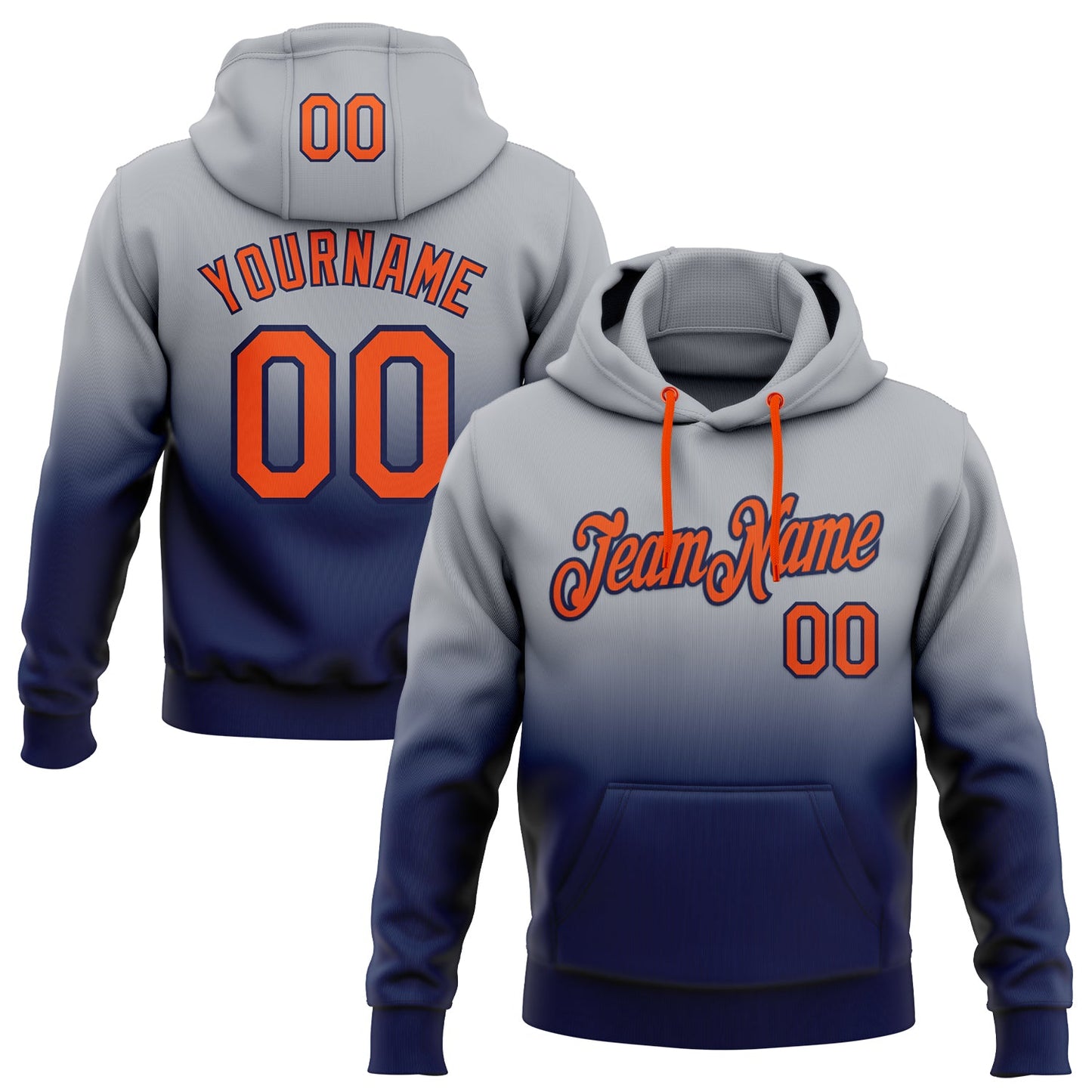 Custom Stitched Gray Orange-Navy Fade Fashion Sports Pullover Sweatshirt Hoodie - Main View