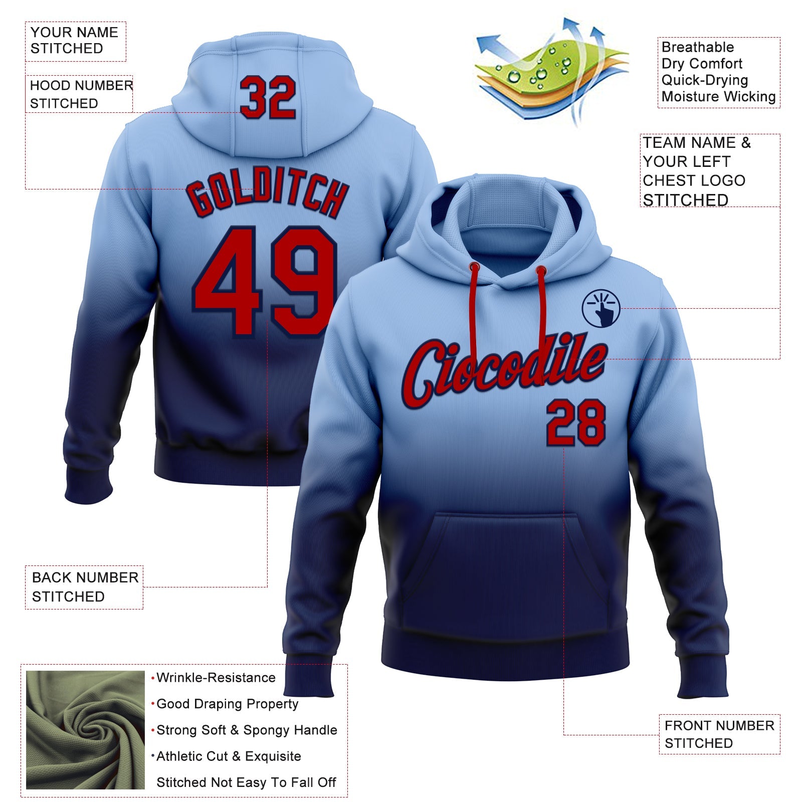 Custom Stitched Light Blue Red-Navy Fade Fashion Sports Pullover Sweatshirt Hoodie view 2