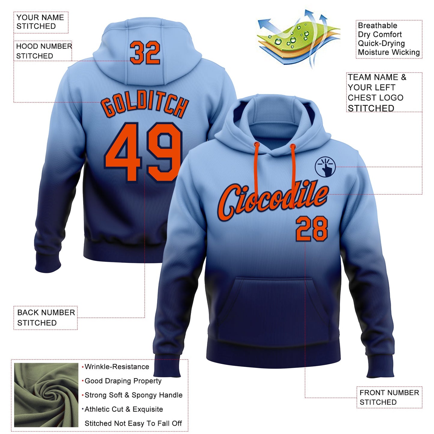 Custom Stitched Light Blue Orange-Navy Fade Fashion Sports Pullover Sweatshirt Hoodie view 2