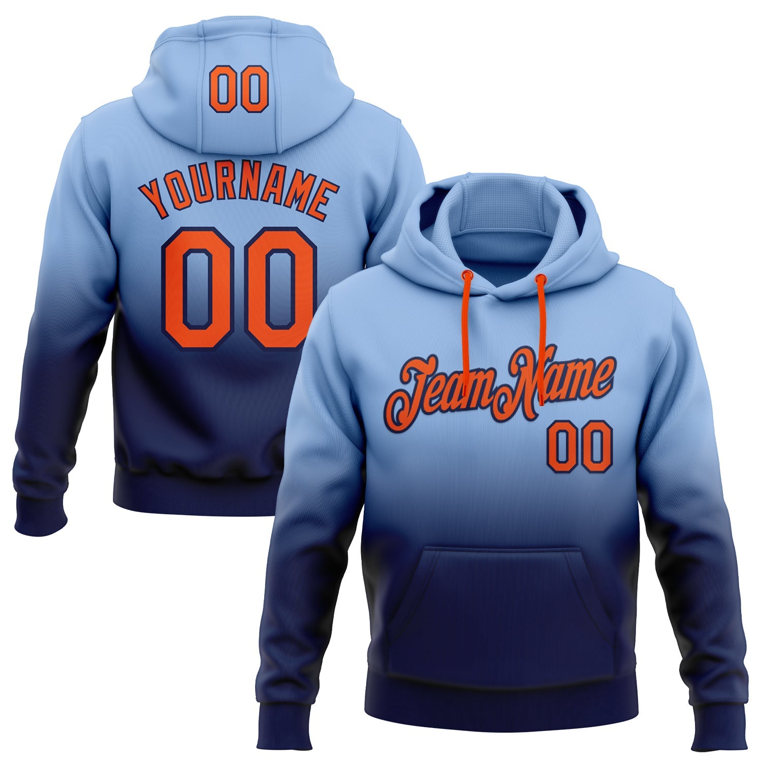 Custom Stitched Light Blue Orange-Navy Fade Fashion Sports Pullover Sweatshirt Hoodie - Main View