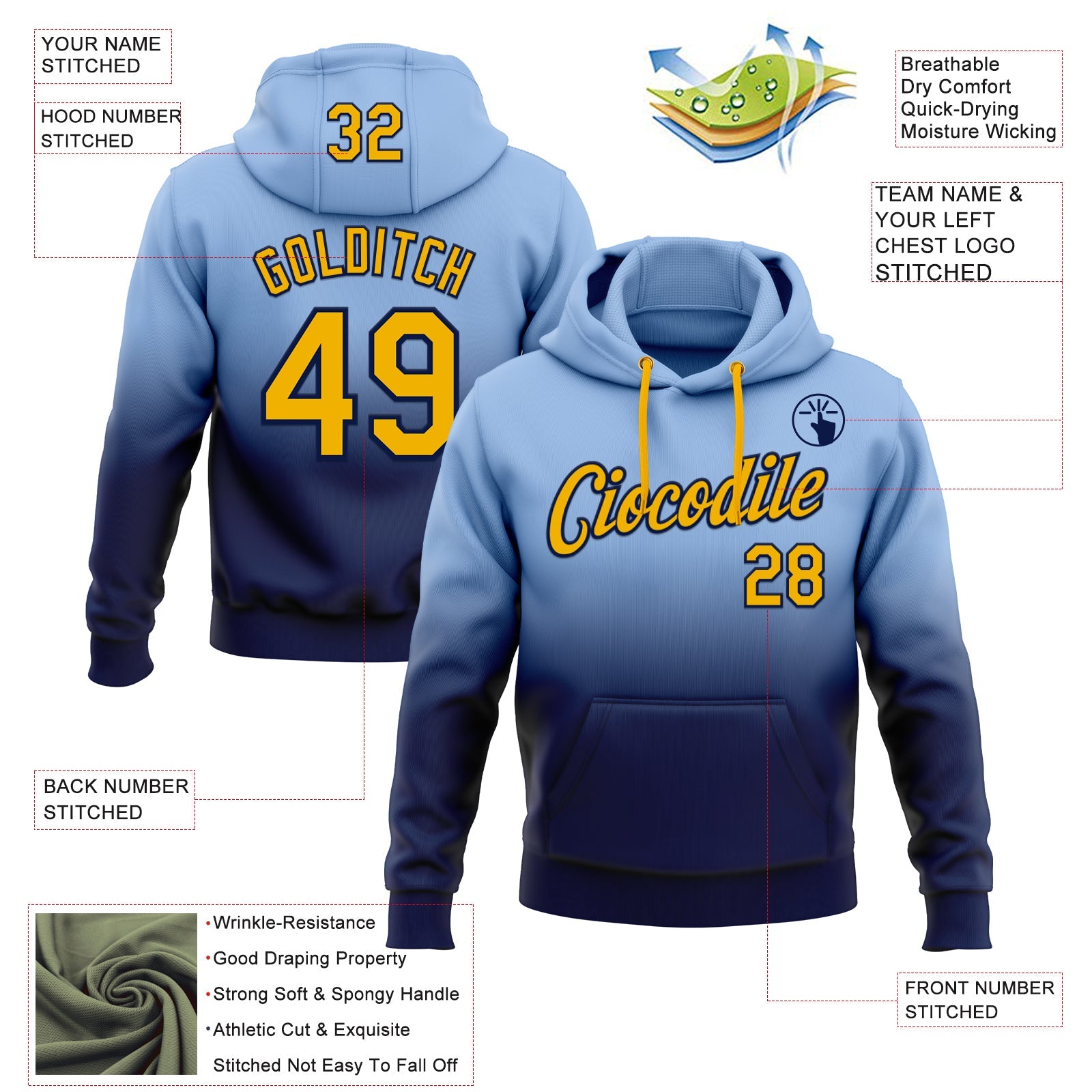 Custom Stitched Light Blue Gold-Navy Fade Fashion Sports Pullover Sweatshirt Hoodie view 2