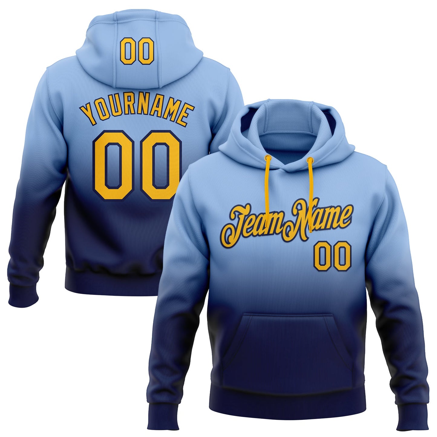 Custom Stitched Light Blue Gold-Navy Fade Fashion Sports Pullover Sweatshirt Hoodie - Main View