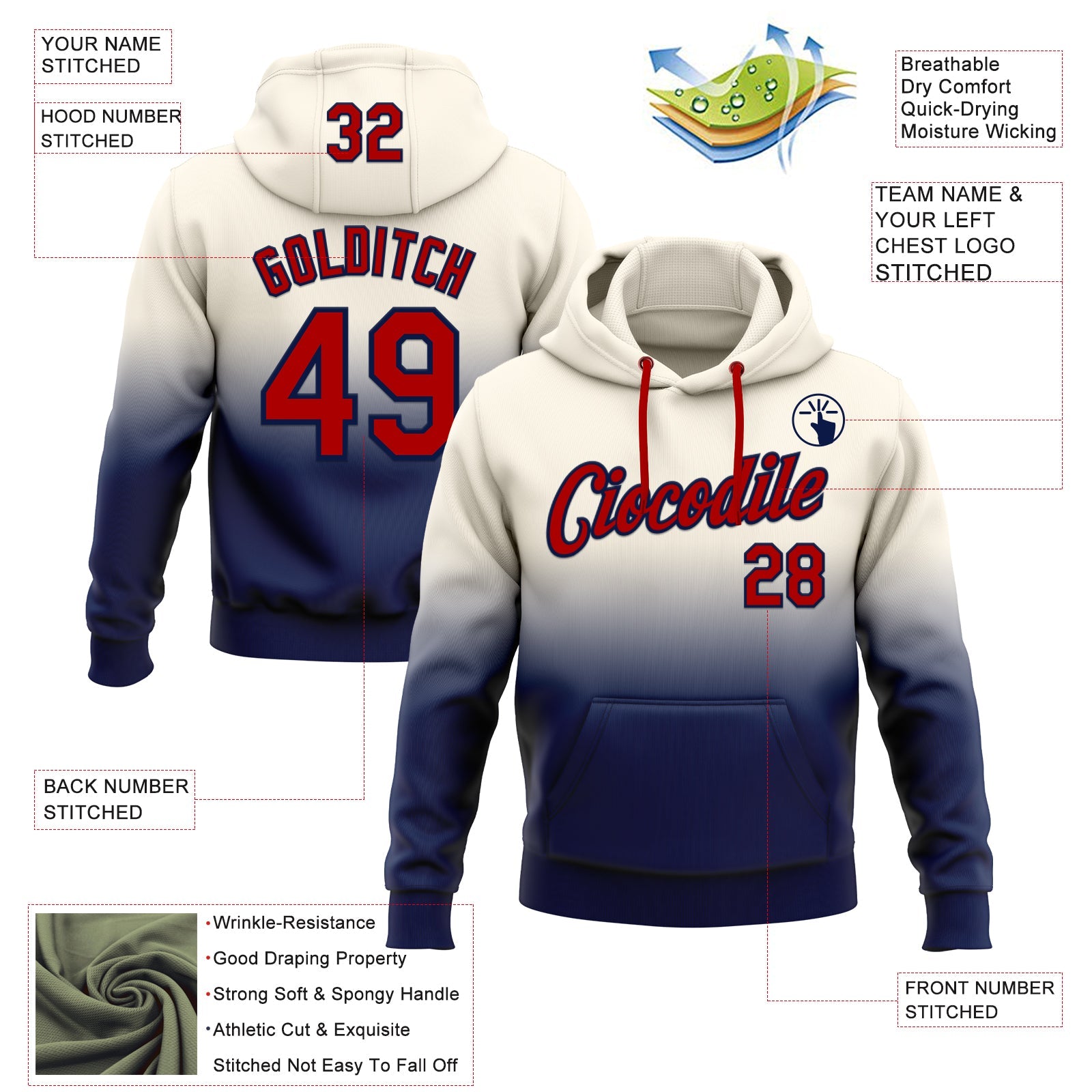 Custom Stitched Cream Red-Navy Fade Fashion Sports Pullover Sweatshirt Hoodie view 2