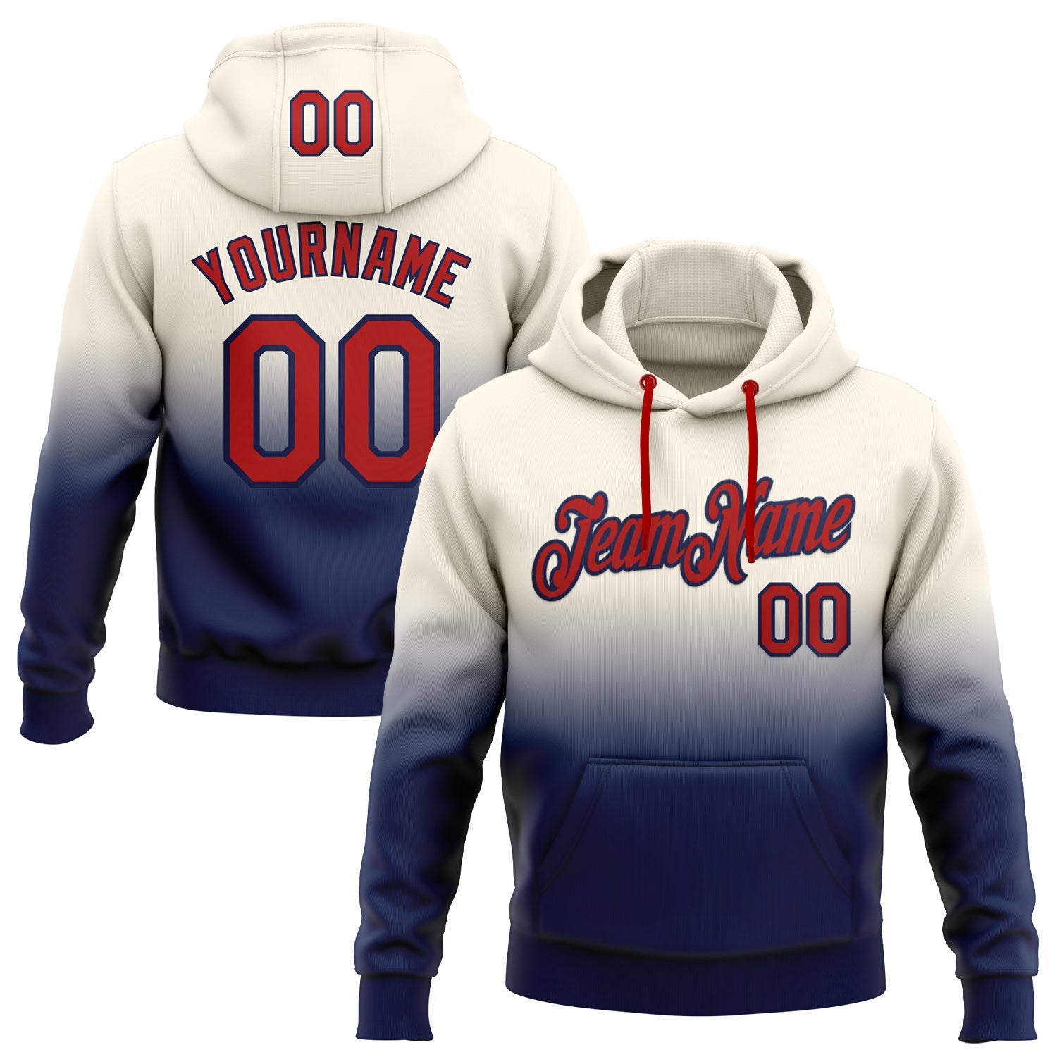 Custom Stitched Cream Red-Navy Fade Fashion Sports Pullover Sweatshirt Hoodie - Main View