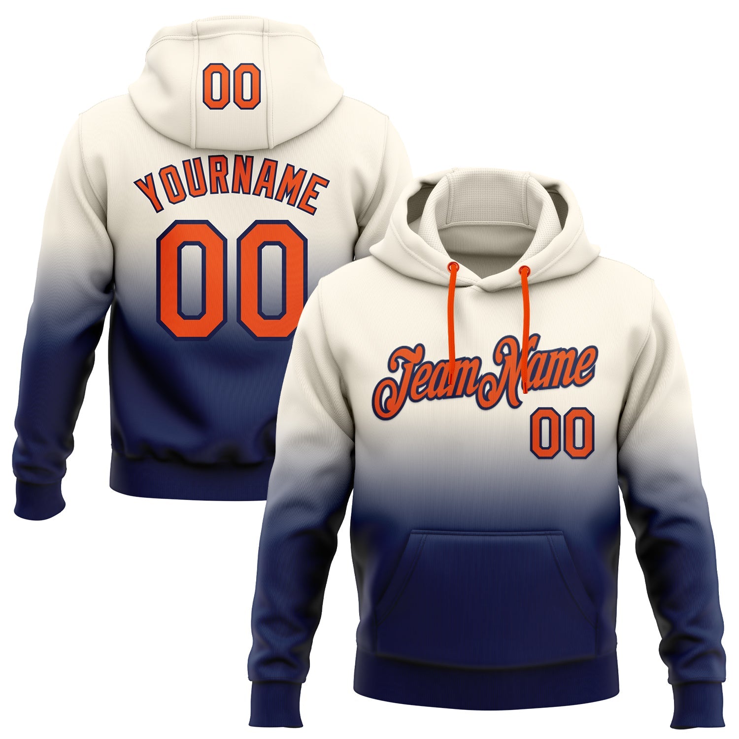 Custom Stitched Cream Orange-Navy Fade Fashion Sports Pullover Sweatshirt Hoodie - Main View
