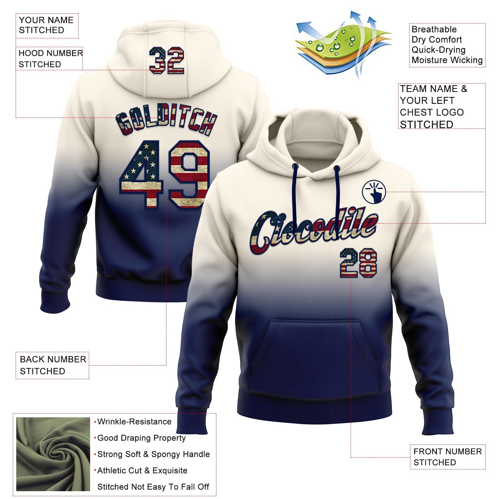 Custom Stitched Cream Vintage USA Flag-Navy Fade Fashion Sports Pullover Sweatshirt Hoodie view 2