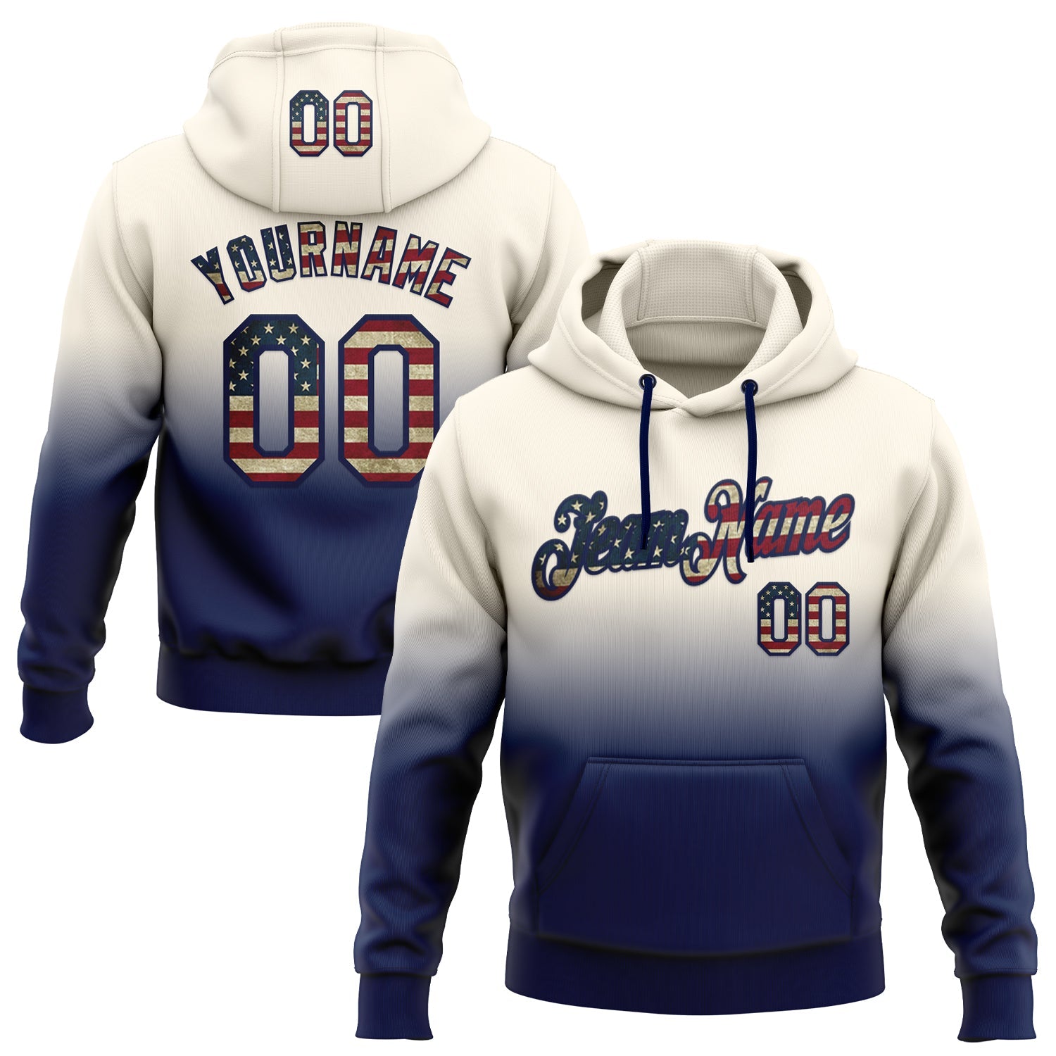 Custom Stitched Cream Vintage USA Flag-Navy Fade Fashion Sports Pullover Sweatshirt Hoodie - Main View