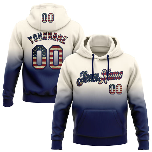 Custom Stitched Cream Vintage USA Flag-Navy Fade Fashion Sports Pullover Sweatshirt Hoodie - Main View