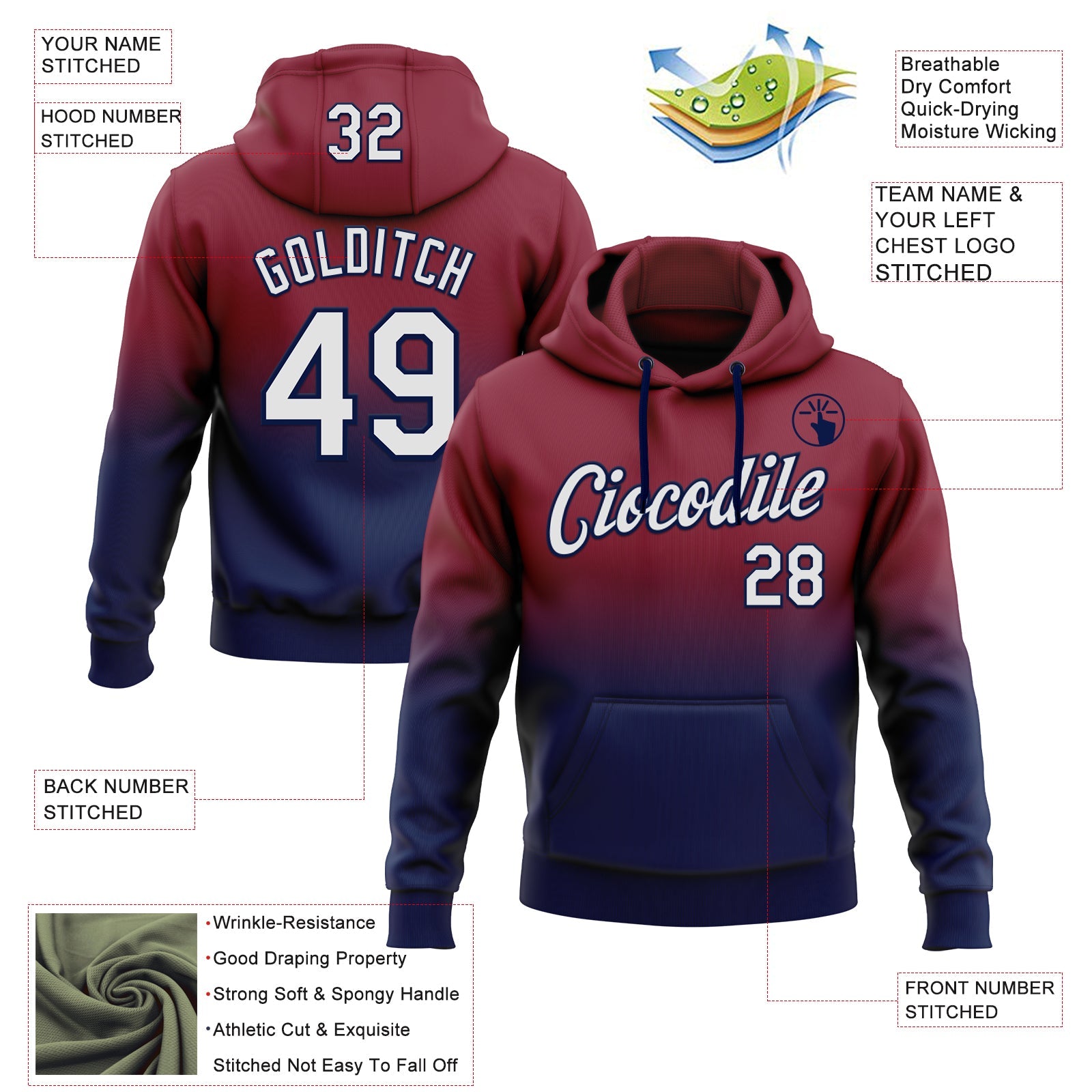 Custom Stitched Crimson White-Navy Fade Fashion Sports Pullover Sweatshirt Hoodie view 2