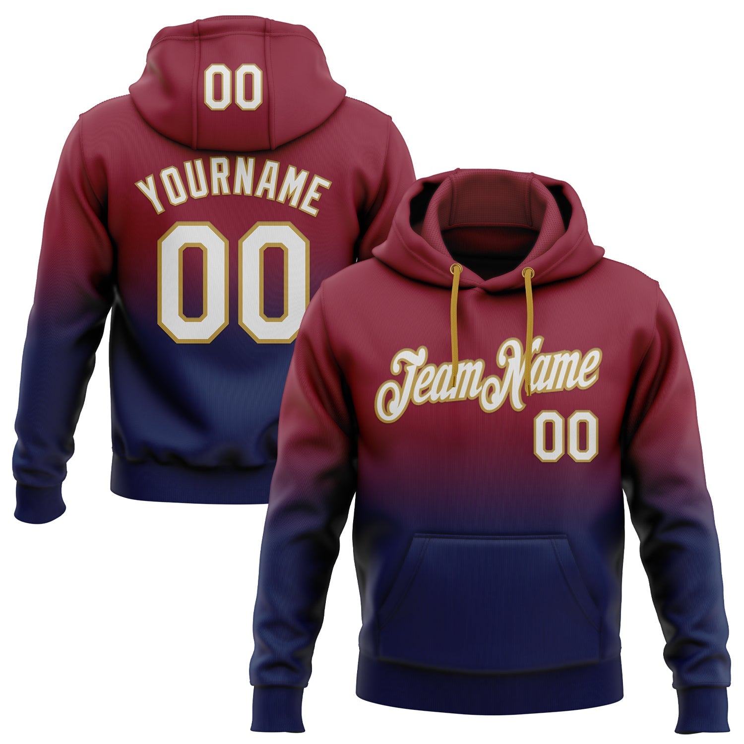 Custom Stitched Crimson White Navy-Old Gold Fade Fashion Sports Pullover Sweatshirt Hoodie - Main View