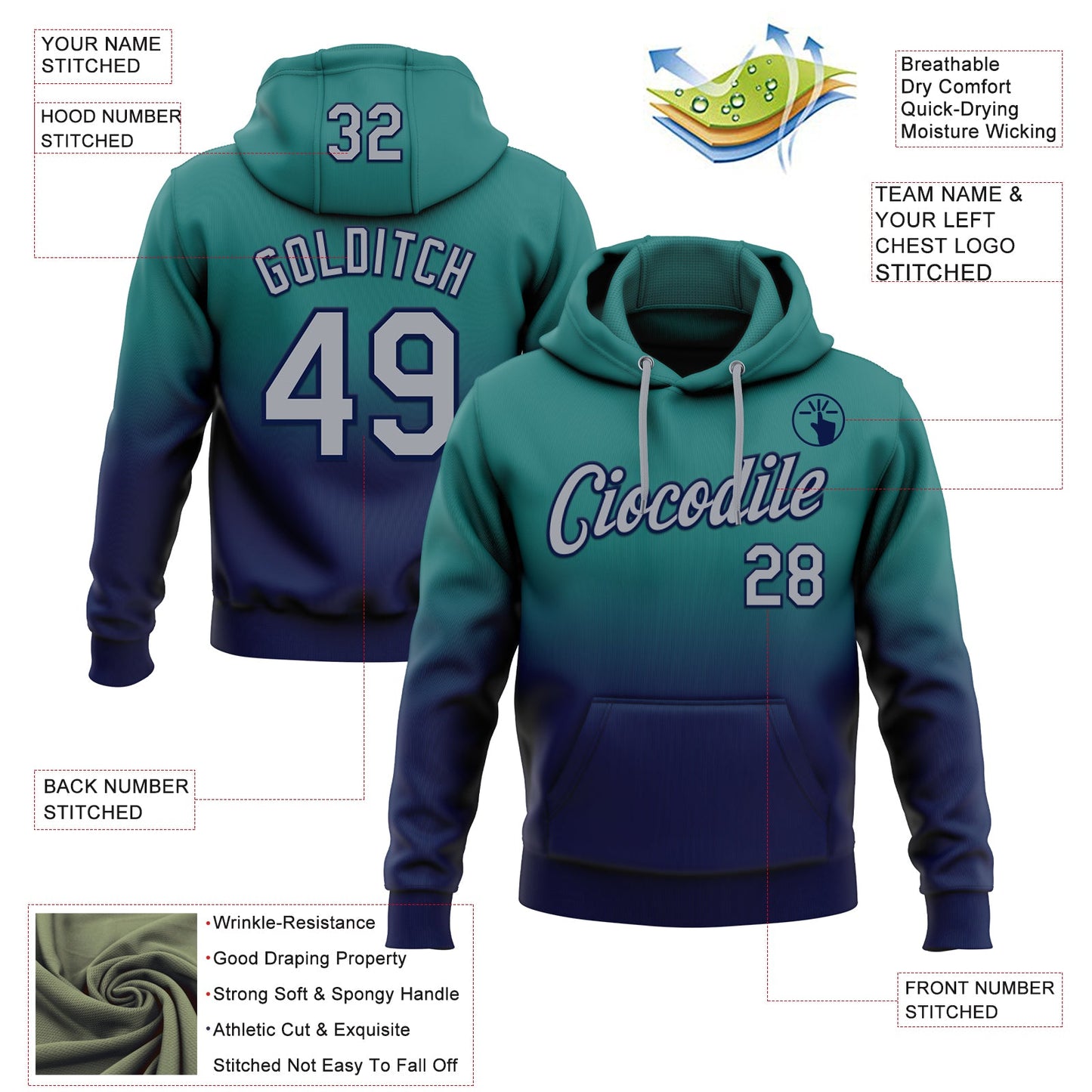 Custom Stitched Teal Gray-Navy Fade Fashion Sports Pullover Sweatshirt Hoodie view 2