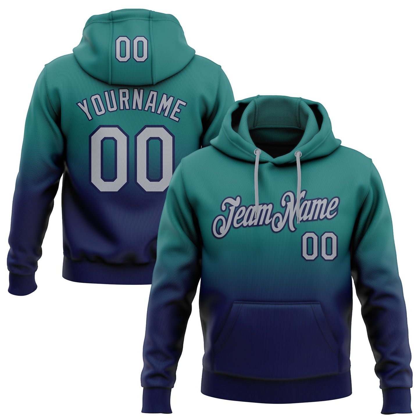 Custom Stitched Teal Gray-Navy Fade Fashion Sports Pullover Sweatshirt Hoodie - Main View