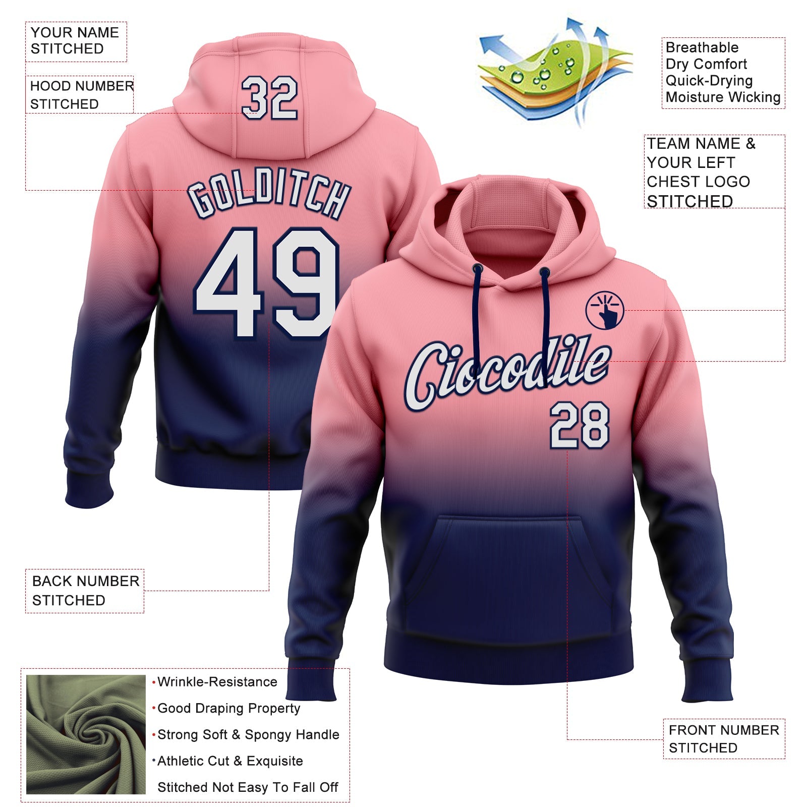 Custom Stitched Medium Pink White-Navy Fade Fashion Sports Pullover Sweatshirt Hoodie view 2
