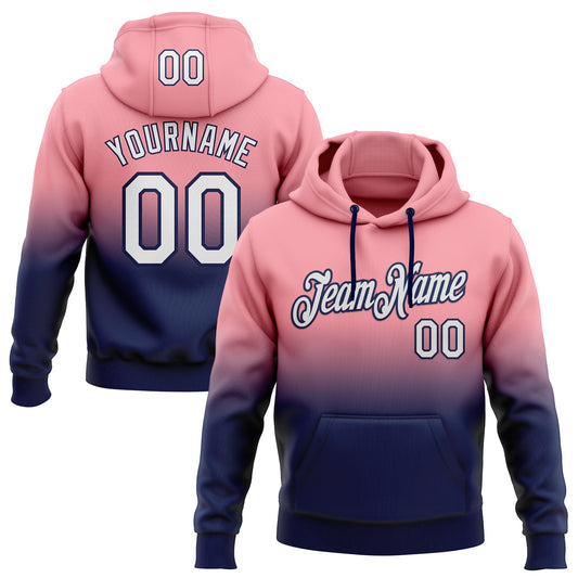 Custom Stitched Medium Pink White-Navy Fade Fashion Sports Pullover Sweatshirt Hoodie - Main View