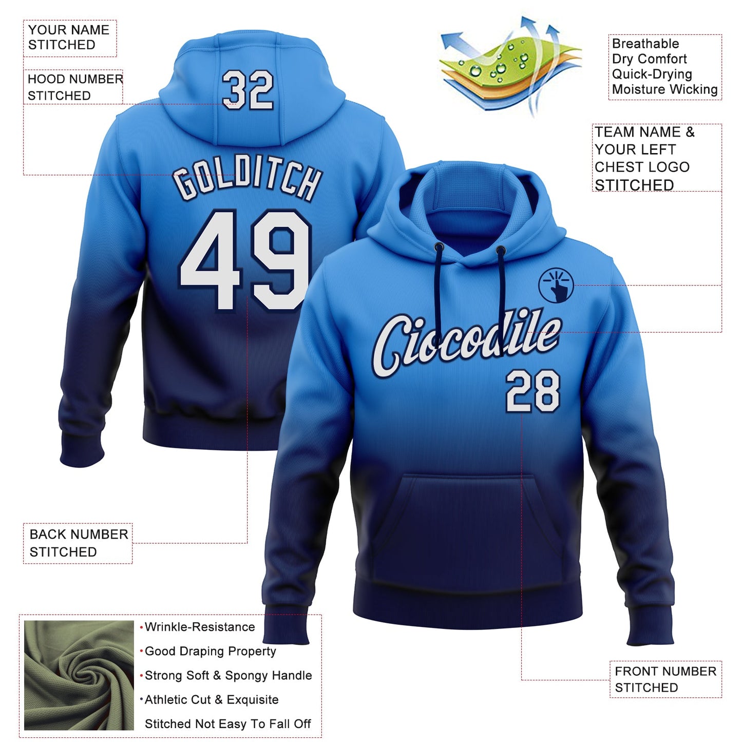 Custom Stitched Powder Blue White-Navy Fade Fashion Sports Pullover Sweatshirt Hoodie view 2