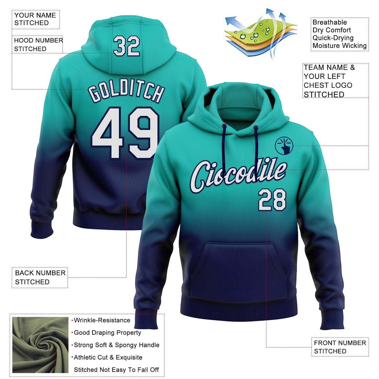 Custom Stitched Aqua White-Navy Fade Fashion Sports Pullover Sweatshirt Hoodie view 2