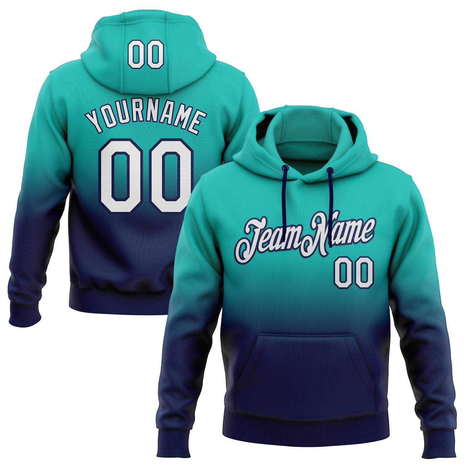 Custom Stitched Aqua White-Navy Fade Fashion Sports Pullover Sweatshirt Hoodie - Main View