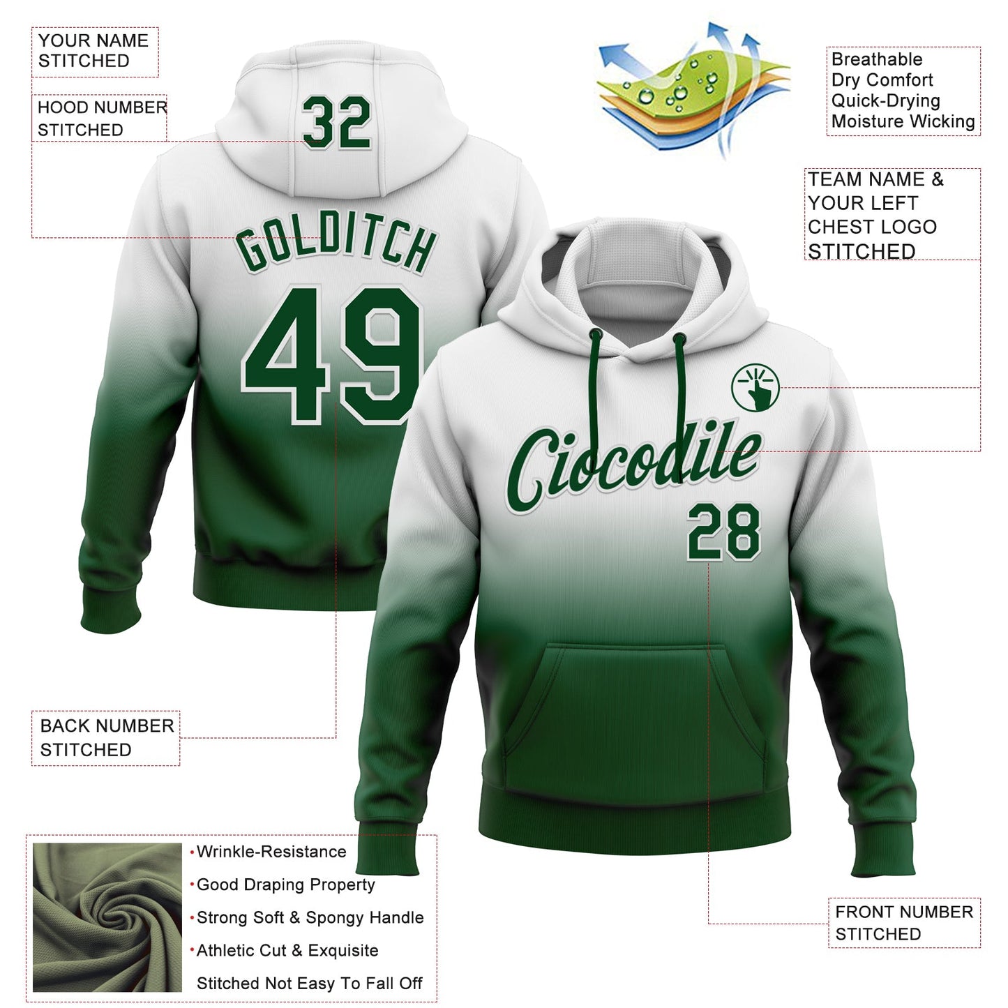 Custom Stitched White Green Fade Fashion Sports Pullover Sweatshirt Hoodie view 2