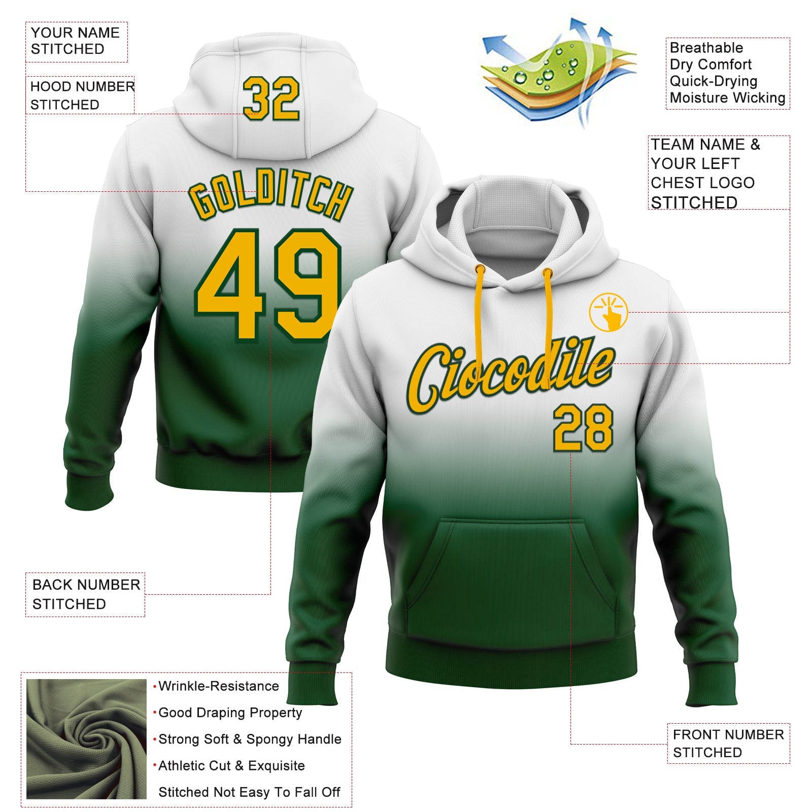 Custom Stitched White Gold-Green Fade Fashion Sports Pullover Sweatshirt Hoodie view 2