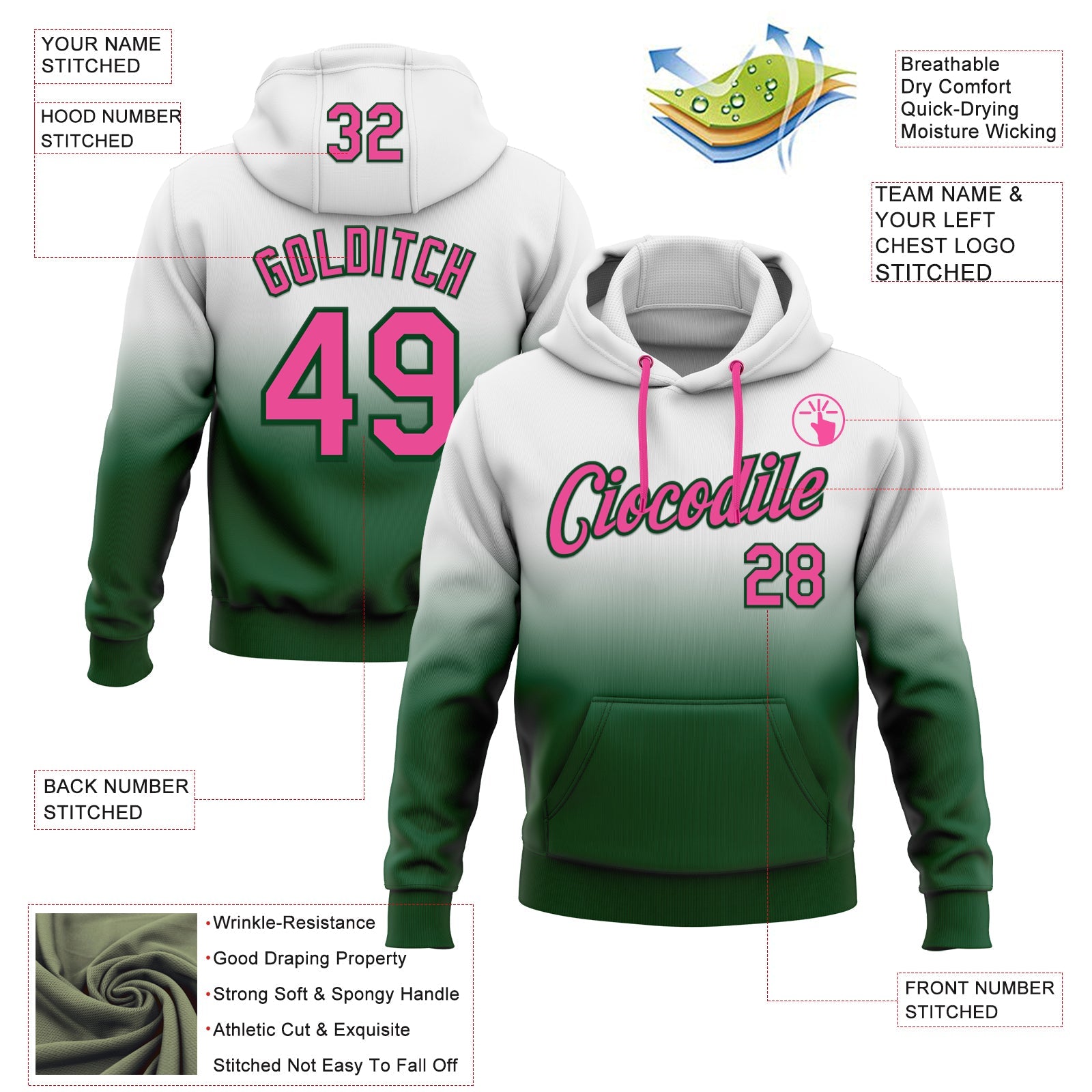 Custom Stitched White Pink-Green Fade Fashion Sports Pullover Sweatshirt Hoodie view 2