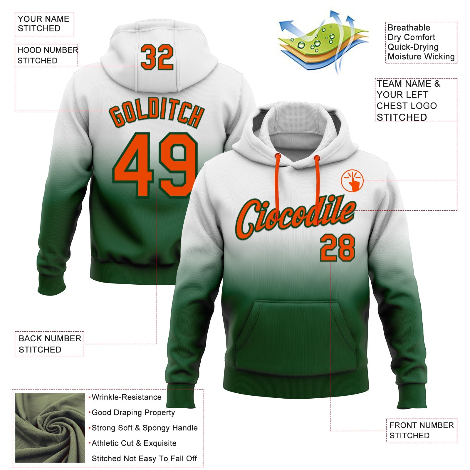 Custom Stitched White Orange-Green Fade Fashion Sports Pullover Sweatshirt Hoodie view 2