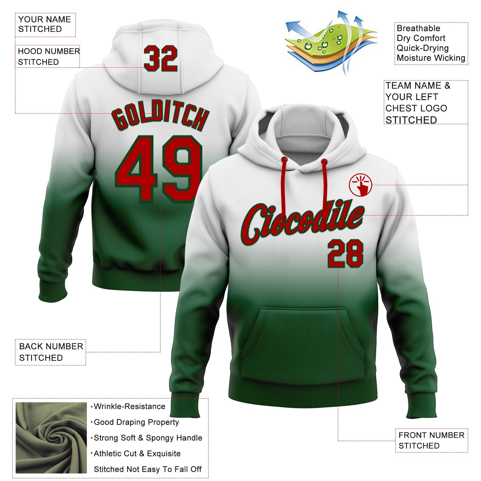 Custom Stitched White Red-Green Fade Fashion Sports Pullover Sweatshirt Hoodie view 2