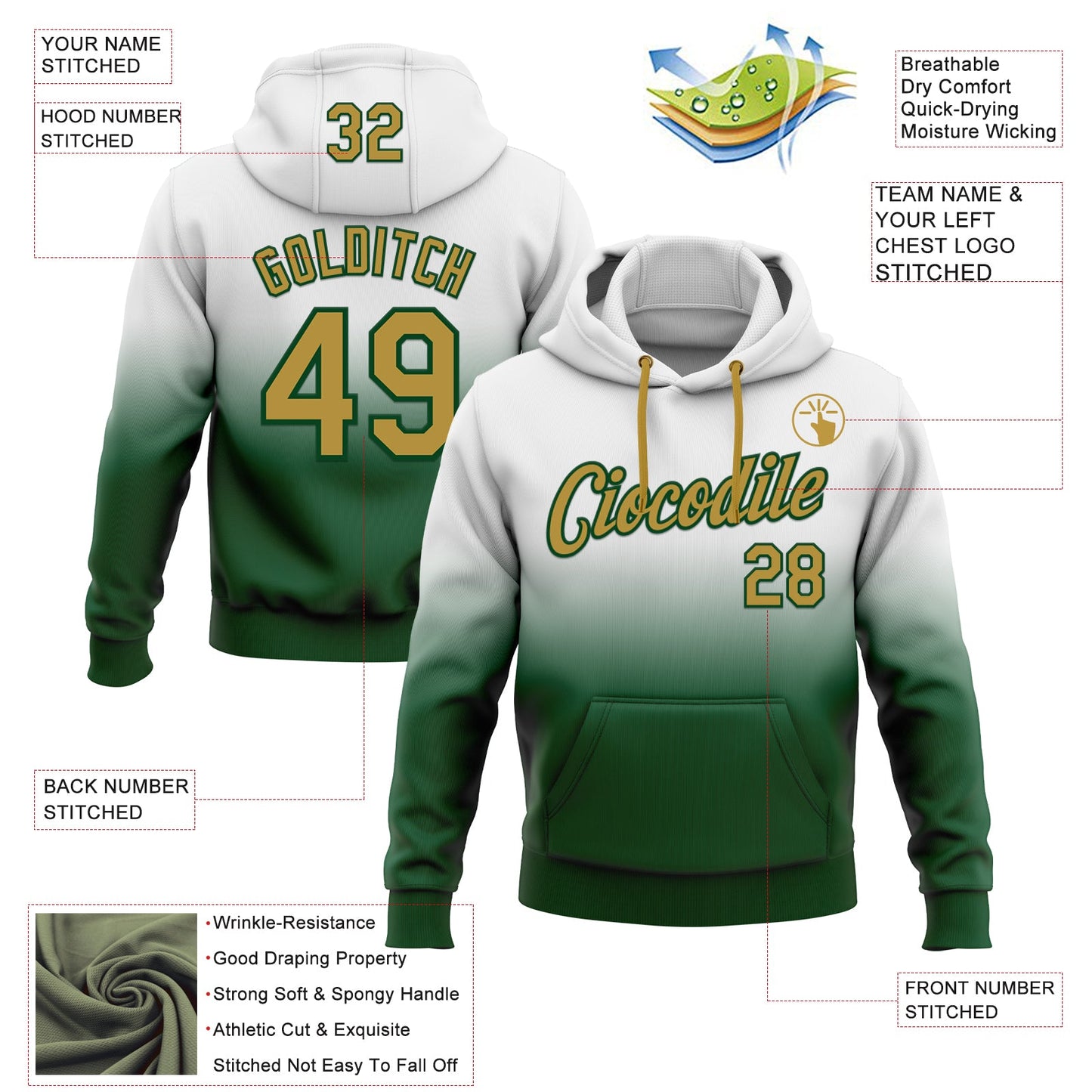Custom Stitched White Old Gold-Green Fade Fashion Sports Pullover Sweatshirt Hoodie view 2