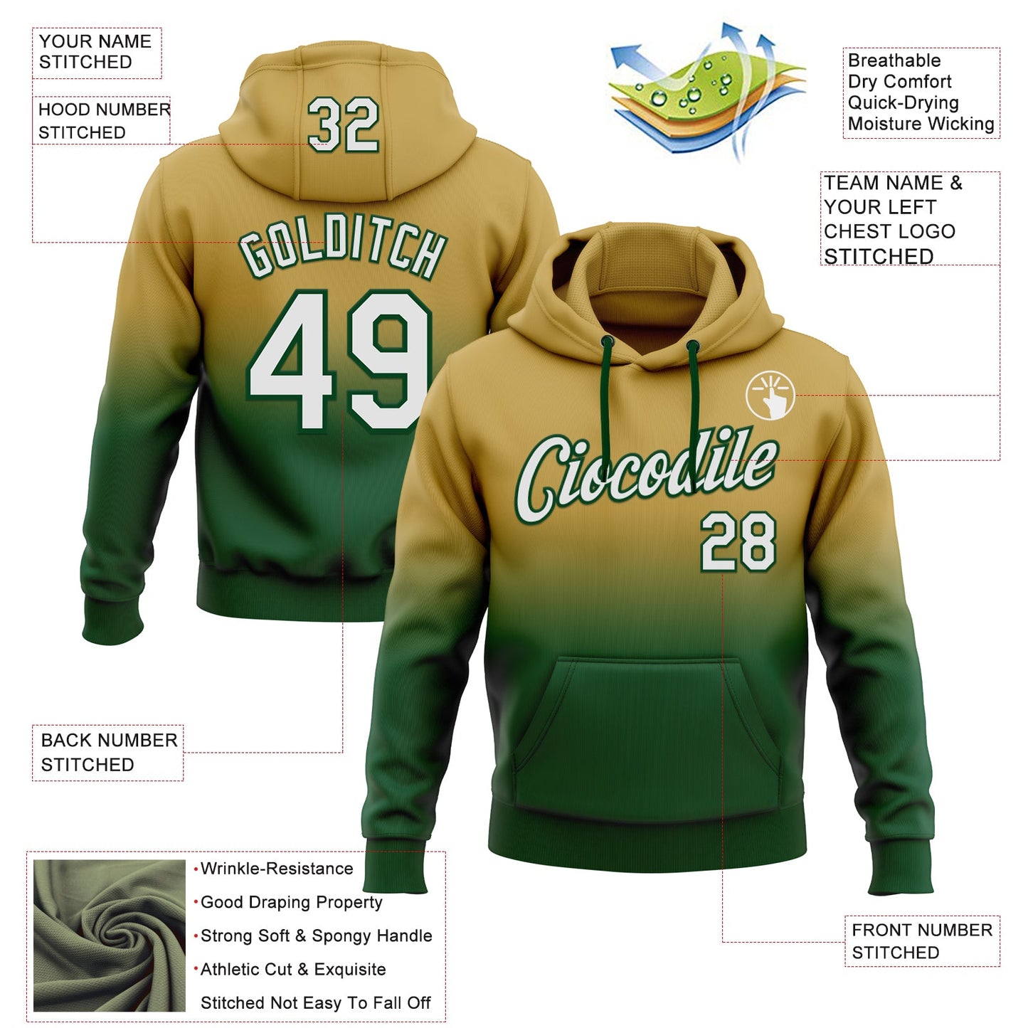 Custom Stitched Old Gold White-Green Fade Fashion Sports Pullover Sweatshirt Hoodie view 2