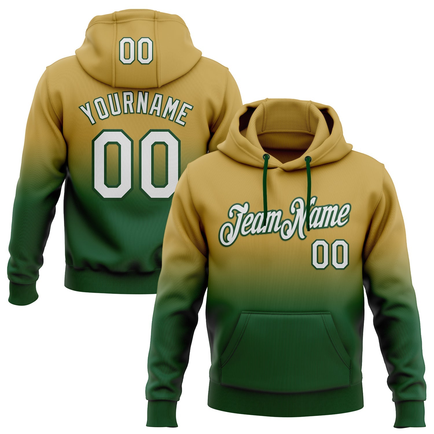 Custom Stitched Old Gold White-Green Fade Fashion Sports Pullover Sweatshirt Hoodie - Main View