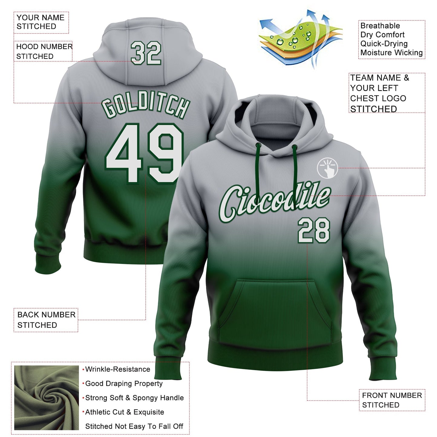 Custom Stitched Gray White-Green Fade Fashion Sports Pullover Sweatshirt Hoodie view 2
