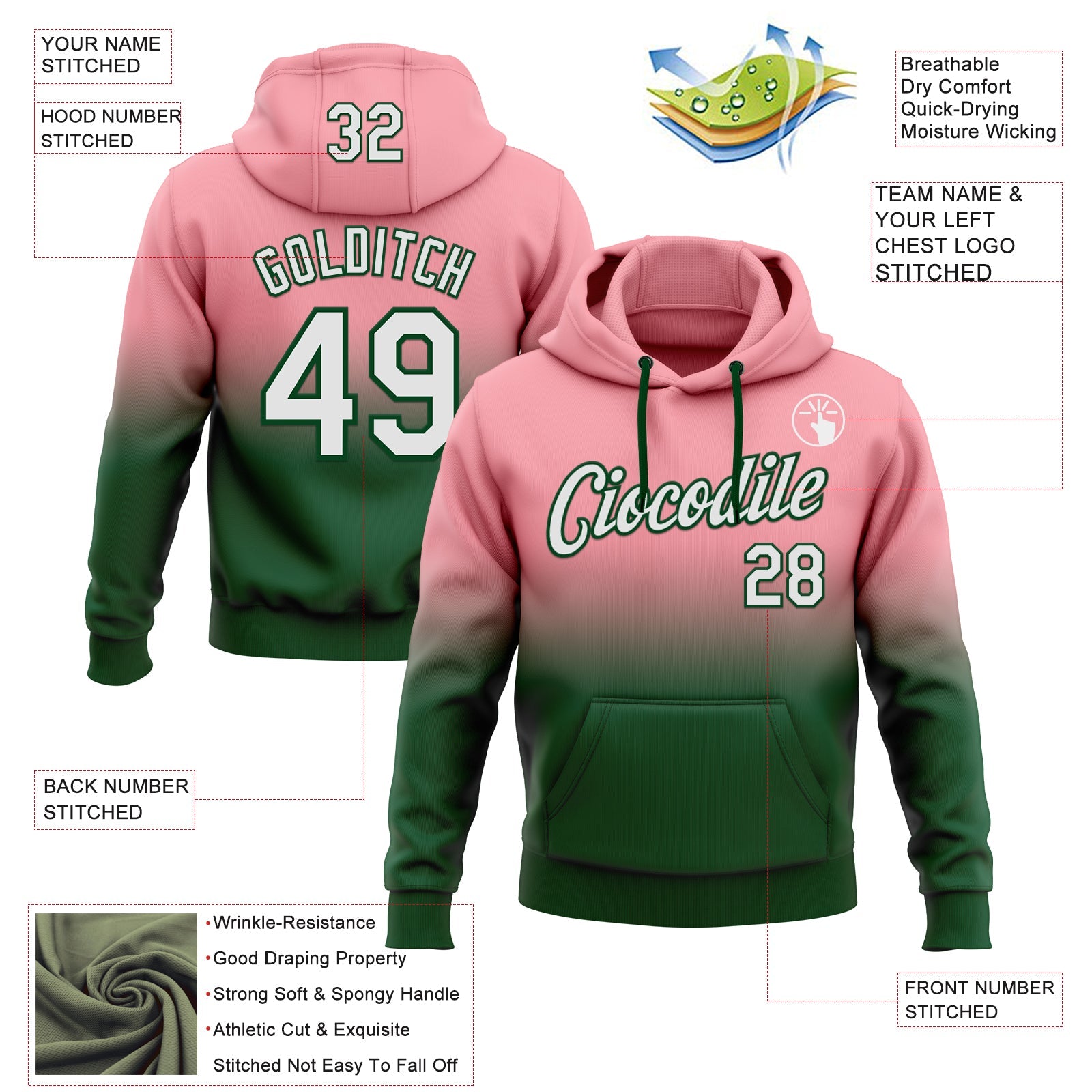 Custom Stitched Medium Pink White-Green Fade Fashion Sports Pullover Sweatshirt Hoodie view 2