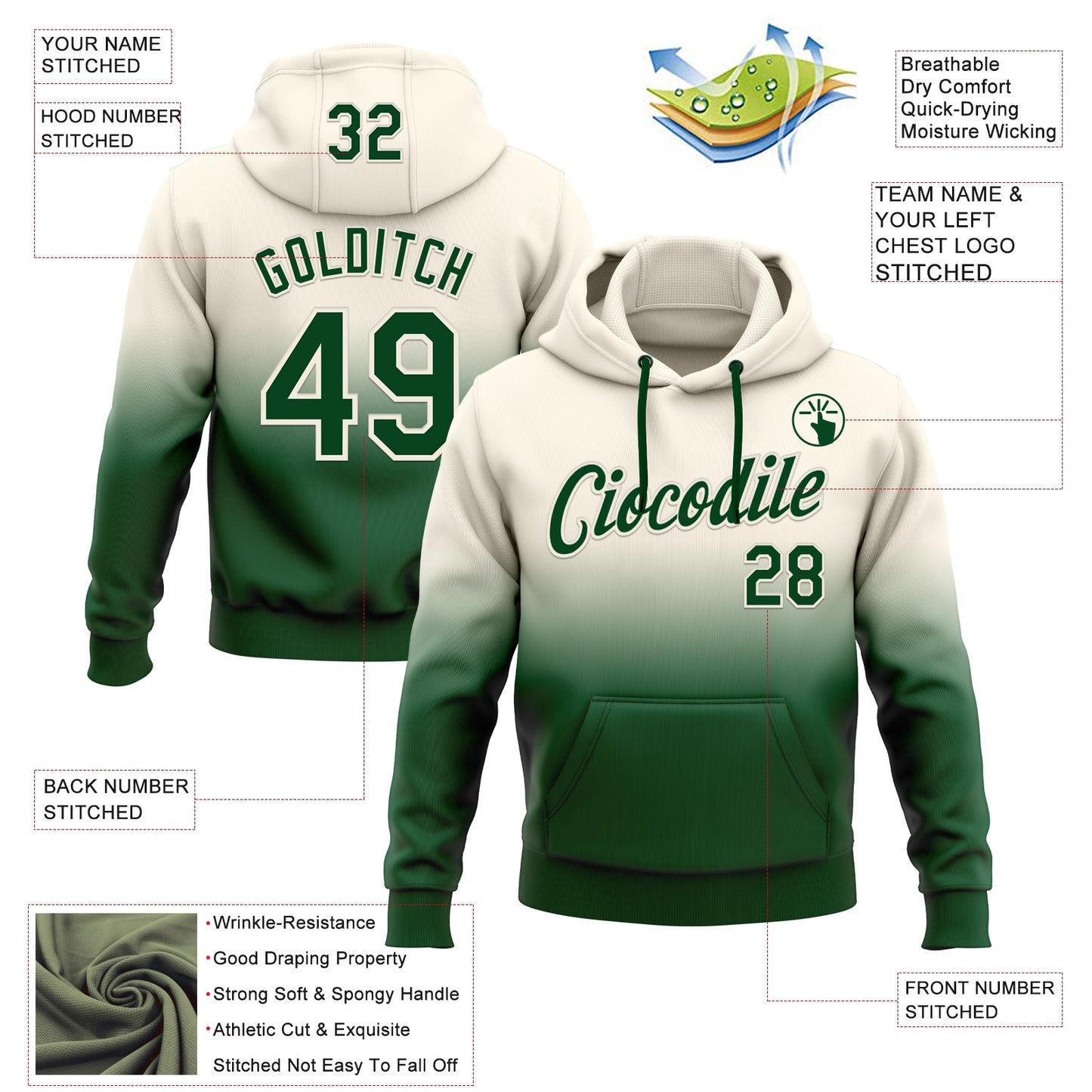 Custom Stitched Cream Green Fade Fashion Sports Pullover Sweatshirt Hoodie view 2