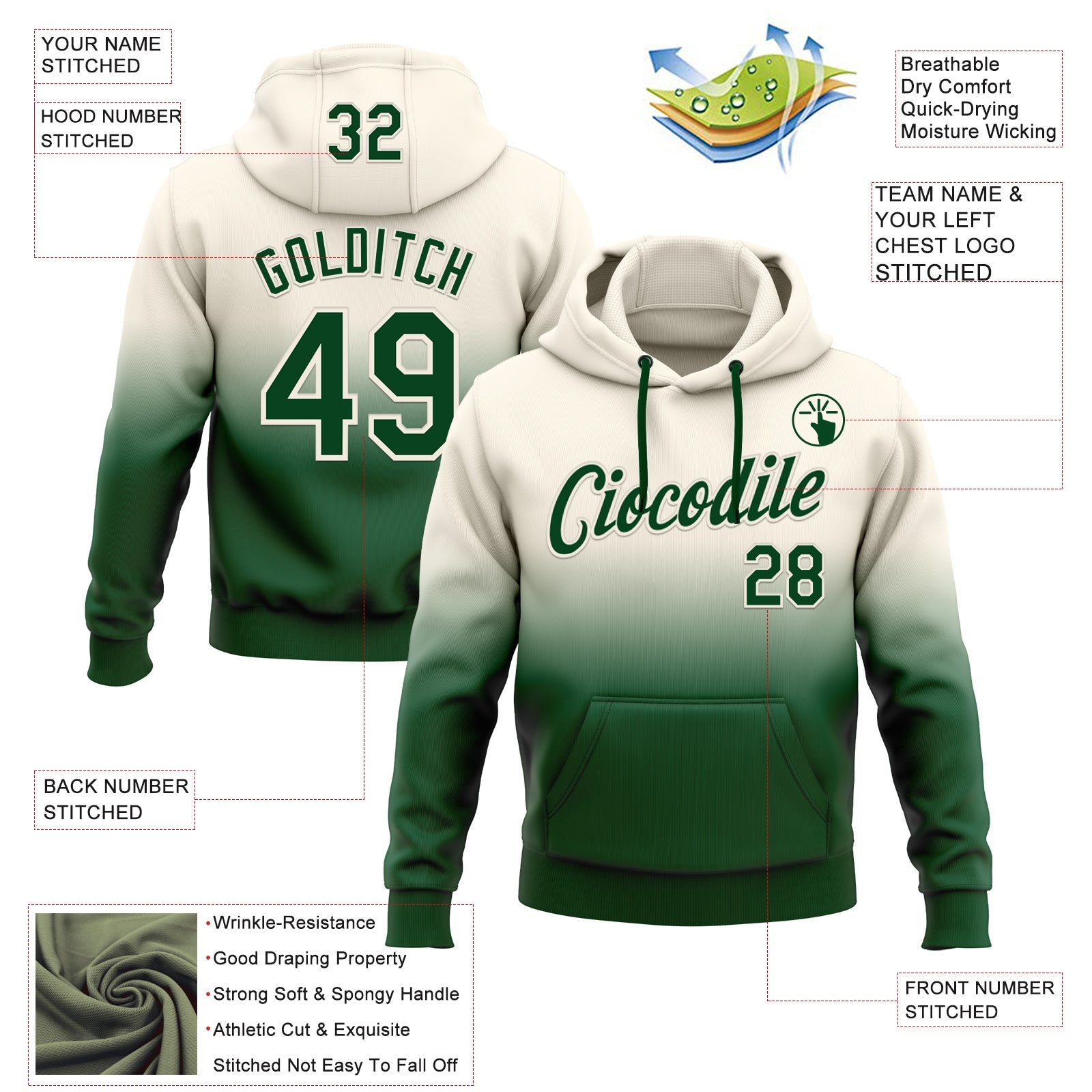 Custom Stitched Cream Green Fade Fashion Sports Pullover Sweatshirt Hoodie view 2