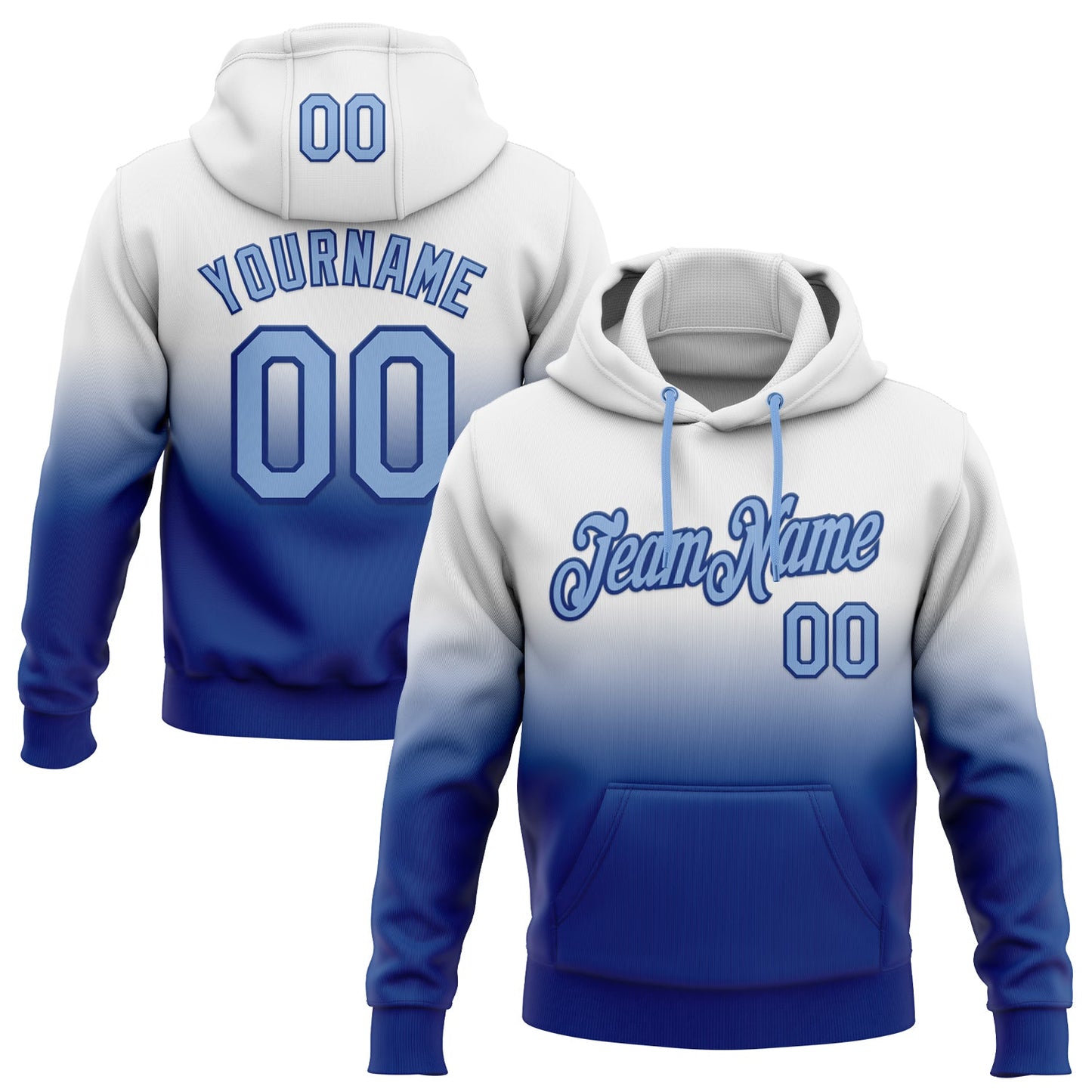 Custom Stitched White Light Blue-Royal Fade Fashion Sports Pullover Sweatshirt Hoodie - Main View