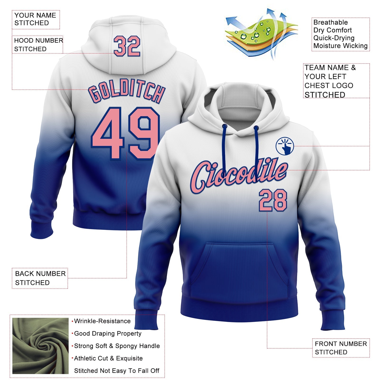 Custom Stitched White Medium Pink-Royal Fade Fashion Sports Pullover Sweatshirt Hoodie view 2