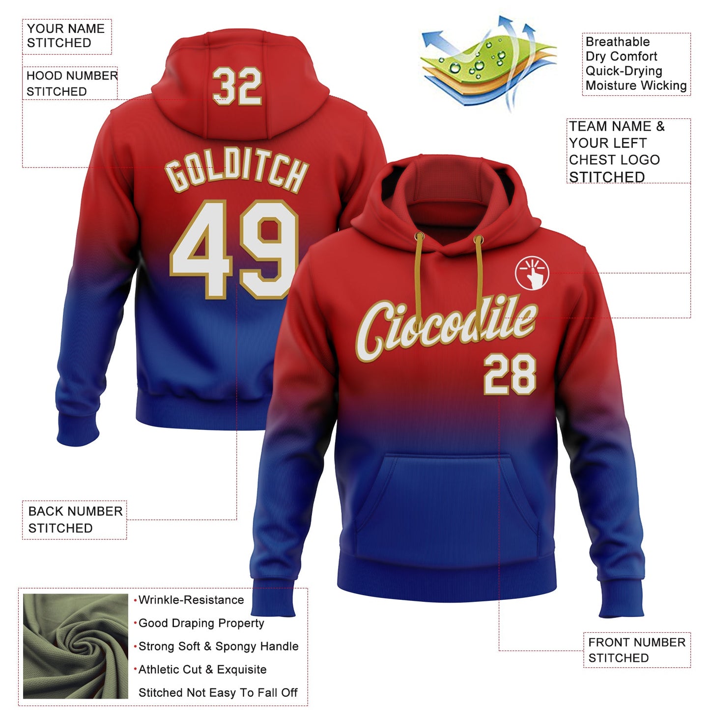 Custom Stitched Red White Royal-Old Gold Fade Fashion Sports Pullover Sweatshirt Hoodie view 2