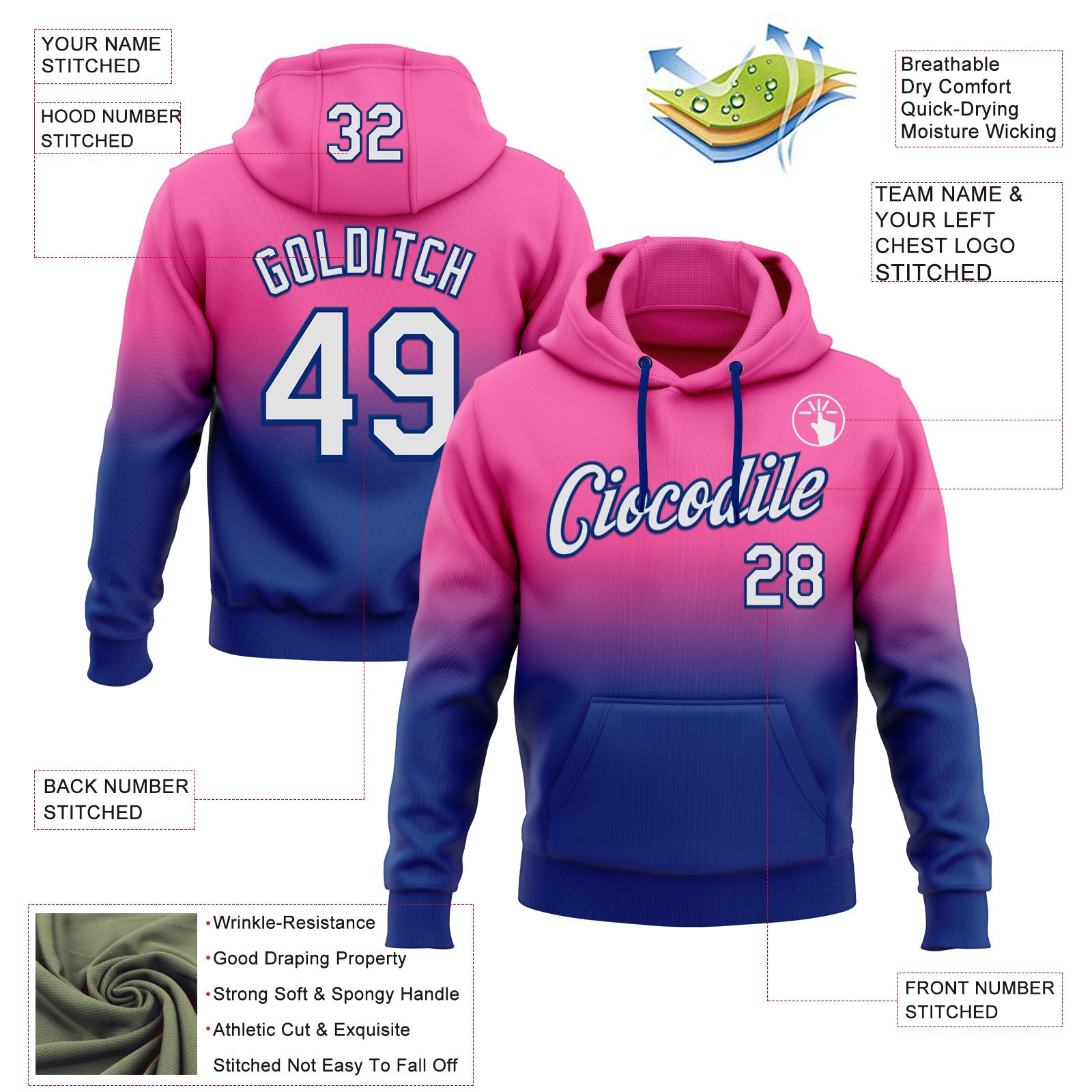 Custom Stitched Pink White-Royal Fade Fashion Sports Pullover Sweatshirt Hoodie view 2
