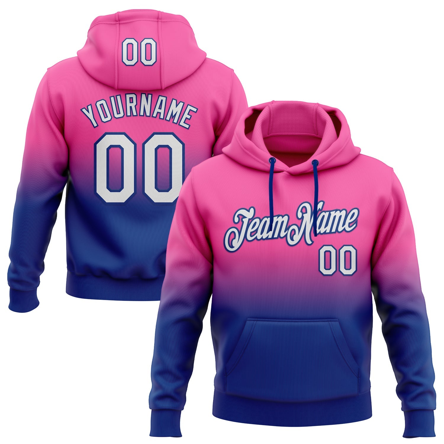 Custom Stitched Pink White-Royal Fade Fashion Sports Pullover Sweatshirt Hoodie - Main View