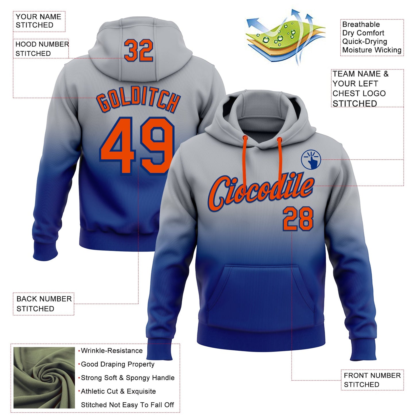 Custom Stitched Gray Orange-Royal Fade Fashion Sports Pullover Sweatshirt Hoodie view 2