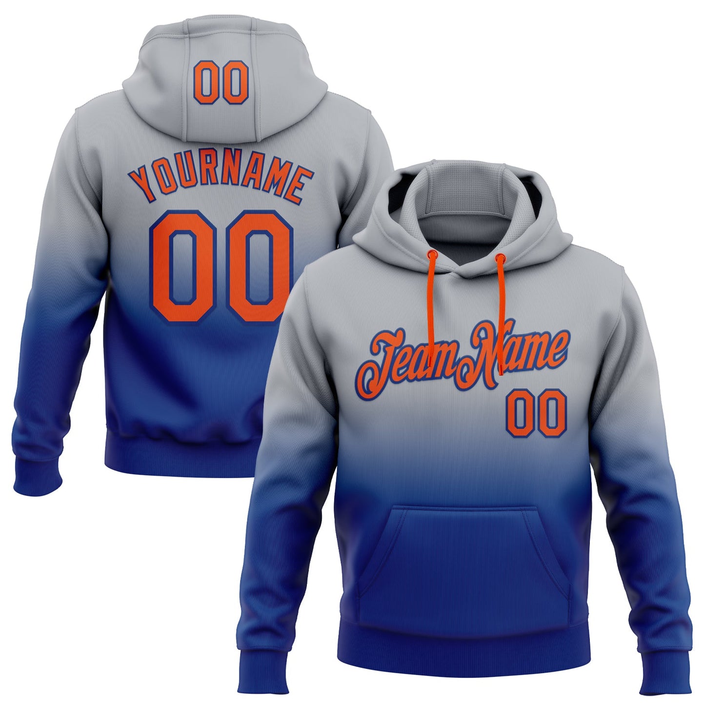 Custom Stitched Gray Orange-Royal Fade Fashion Sports Pullover Sweatshirt Hoodie - Main View