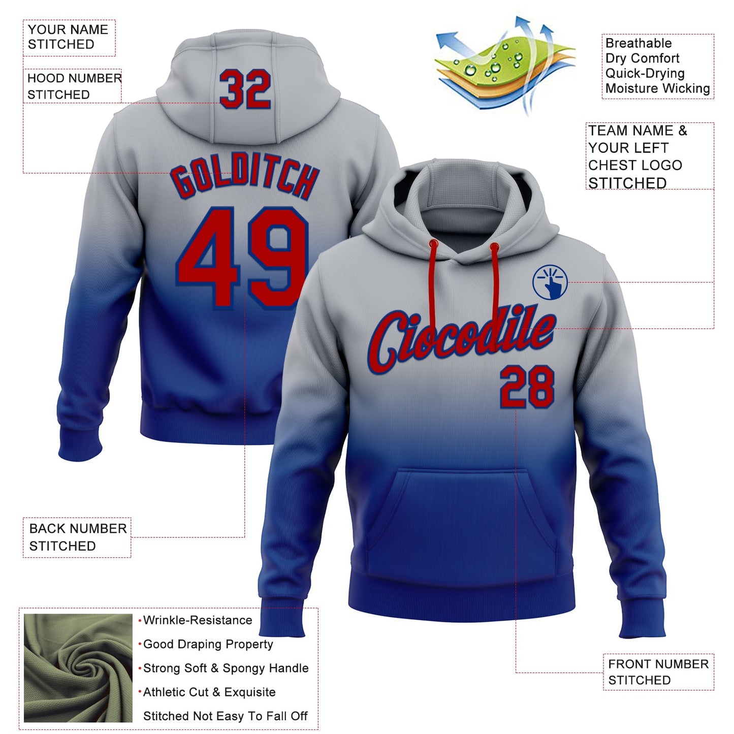 Custom Stitched Gray Red-Royal Fade Fashion Sports Pullover Sweatshirt Hoodie view 2