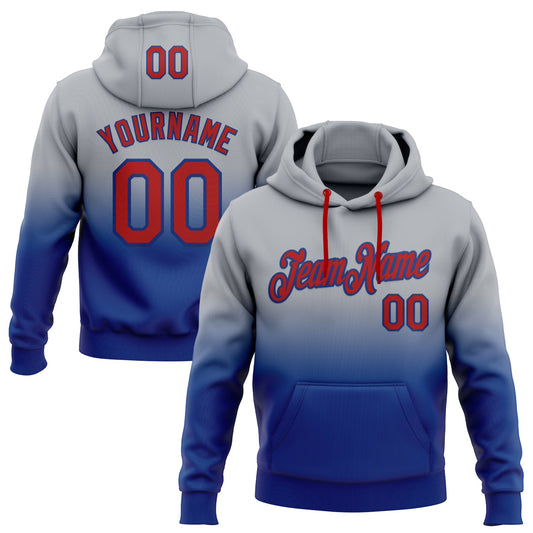 Custom Stitched Gray Red-Royal Fade Fashion Sports Pullover Sweatshirt Hoodie - Main View