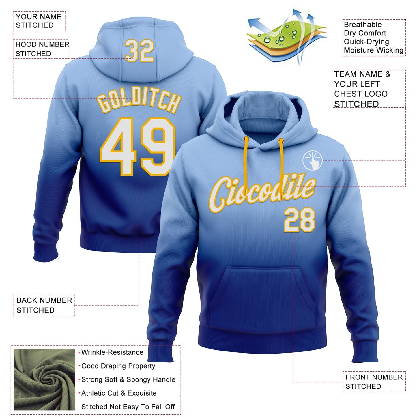 Custom Stitched Light Blue White Royal-Gold Fade Fashion Sports Pullover Sweatshirt Hoodie view 2