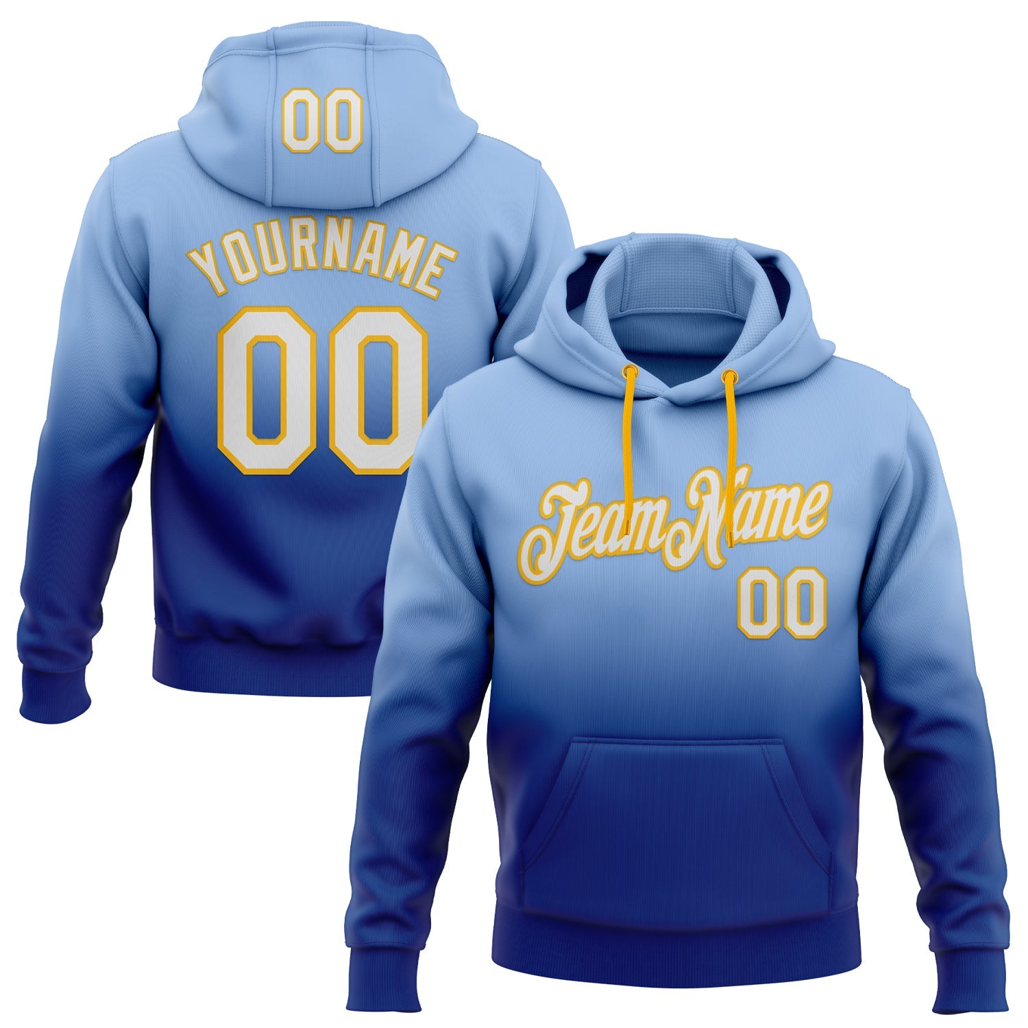 Custom Stitched Light Blue White Royal-Gold Fade Fashion Sports Pullover Sweatshirt Hoodie - Main View