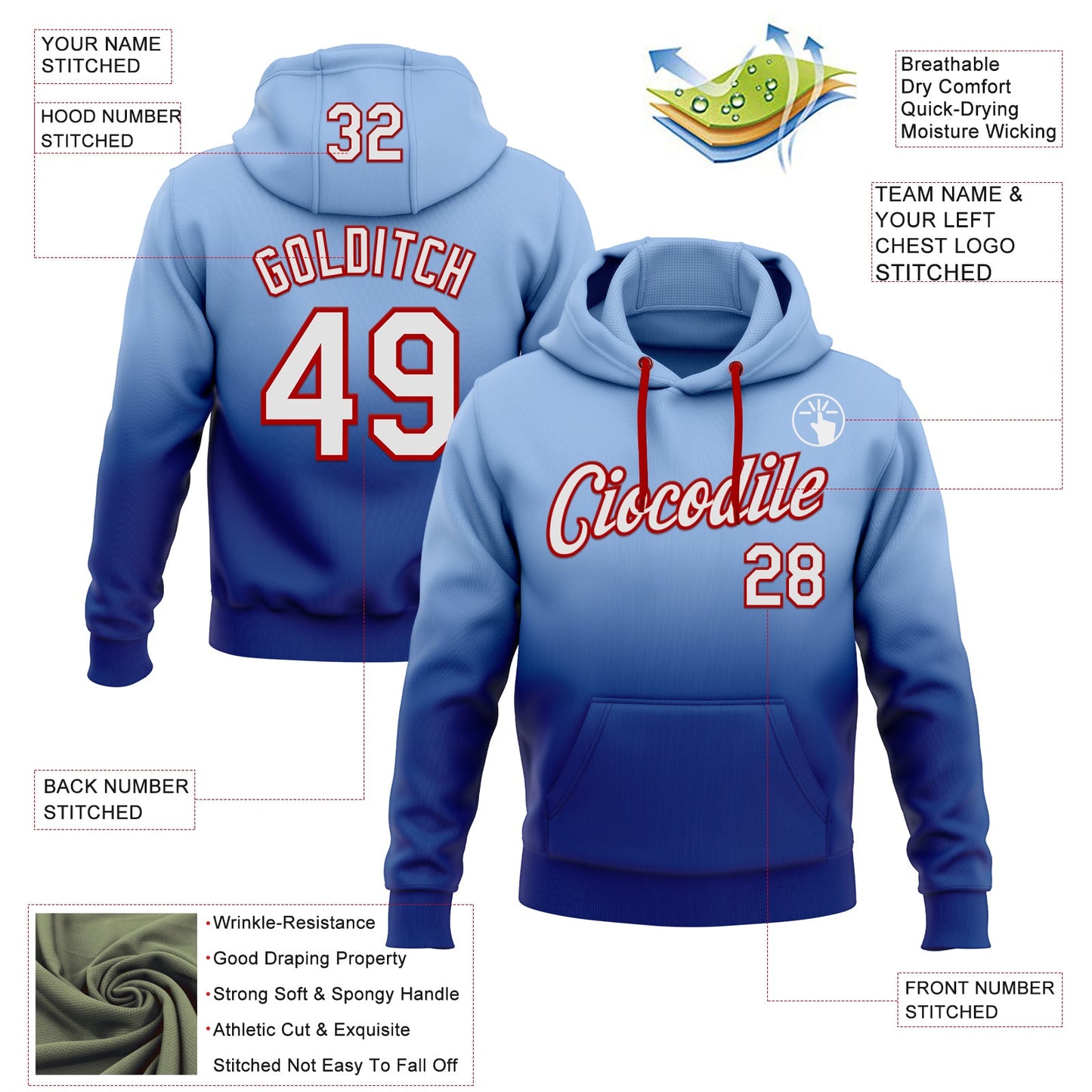 Custom Stitched Light Blue White Royal-Red Fade Fashion Sports Pullover Sweatshirt Hoodie view 2