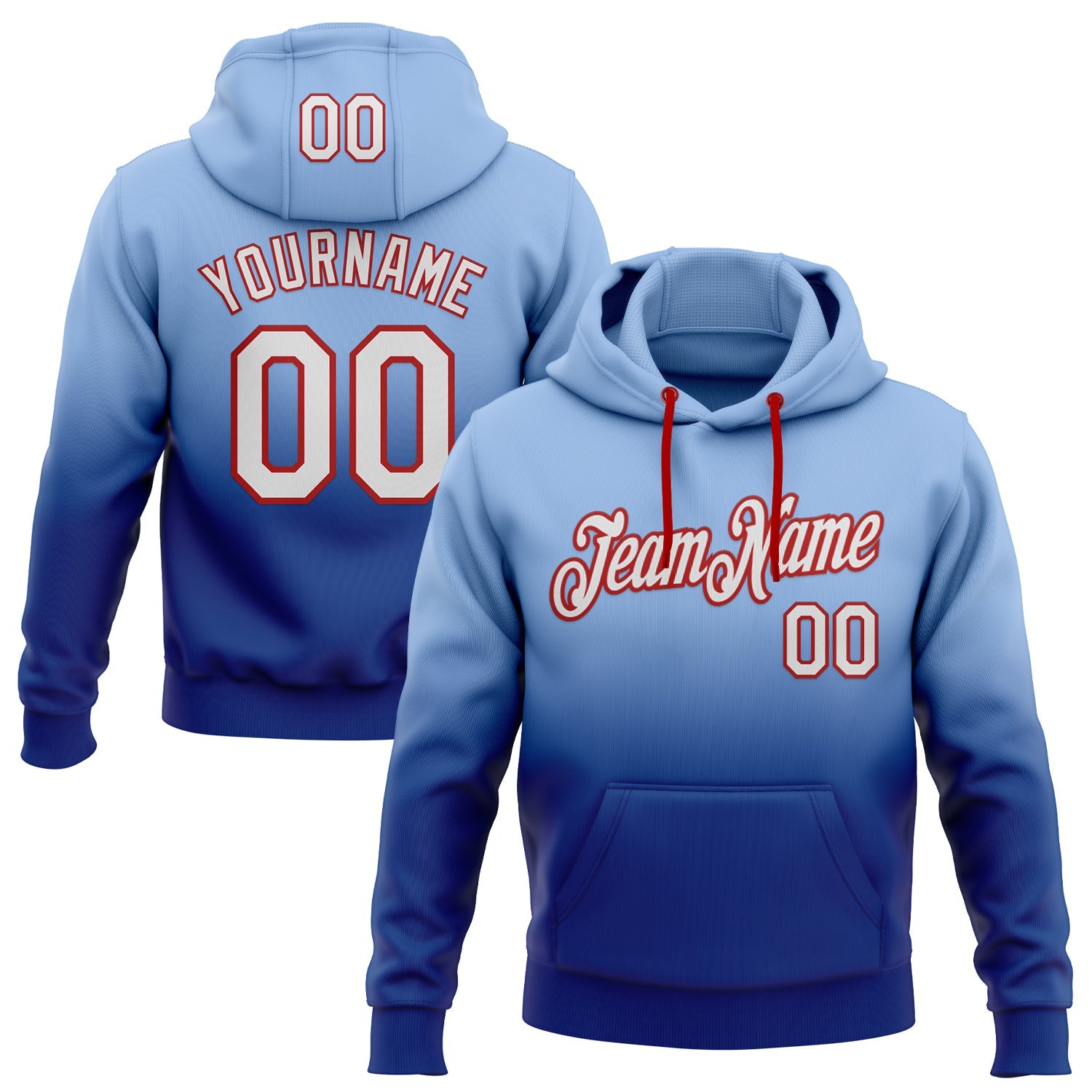 Custom Stitched Light Blue White Royal-Red Fade Fashion Sports Pullover Sweatshirt Hoodie - Main View