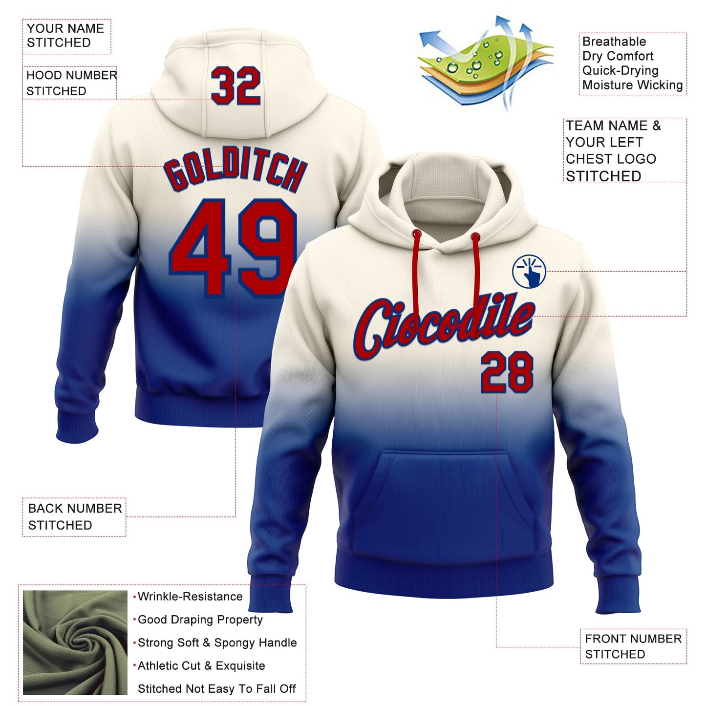 Custom Stitched Cream Red-Royal Fade Fashion Sports Pullover Sweatshirt Hoodie view 2