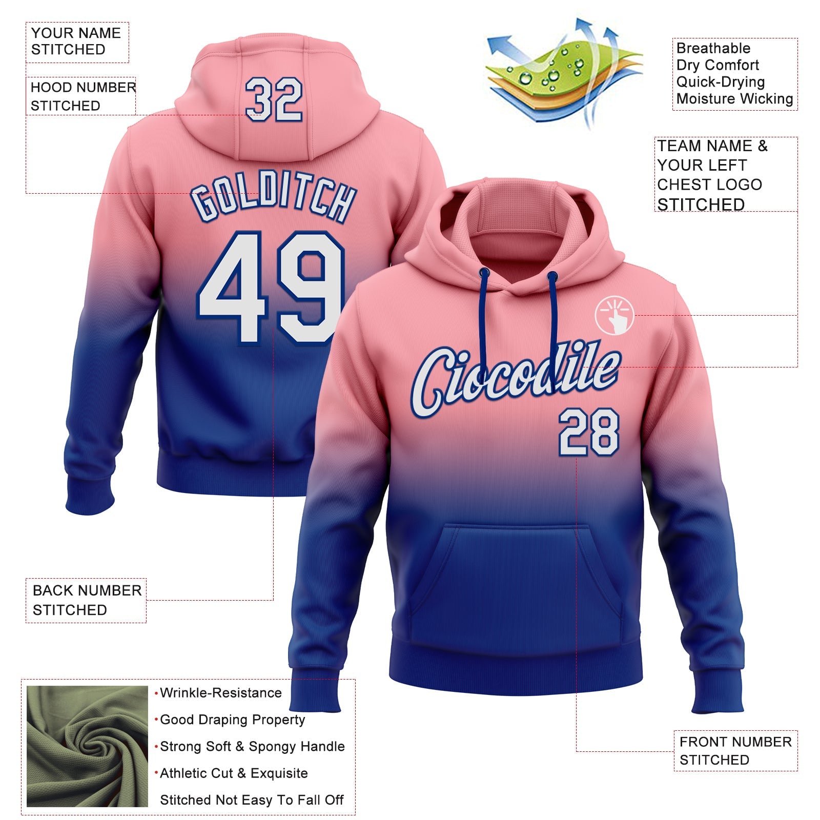 Custom Stitched Medium Pink White-Royal Fade Fashion Sports Pullover Sweatshirt Hoodie view 2