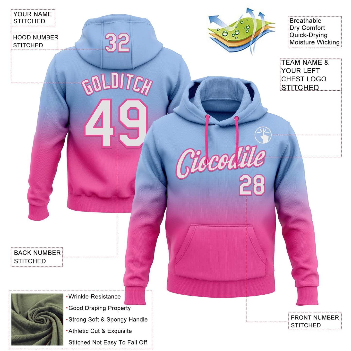 Custom Stitched Light Blue White-Pink Fade Fashion Sports Pullover Sweatshirt Hoodie view 2
