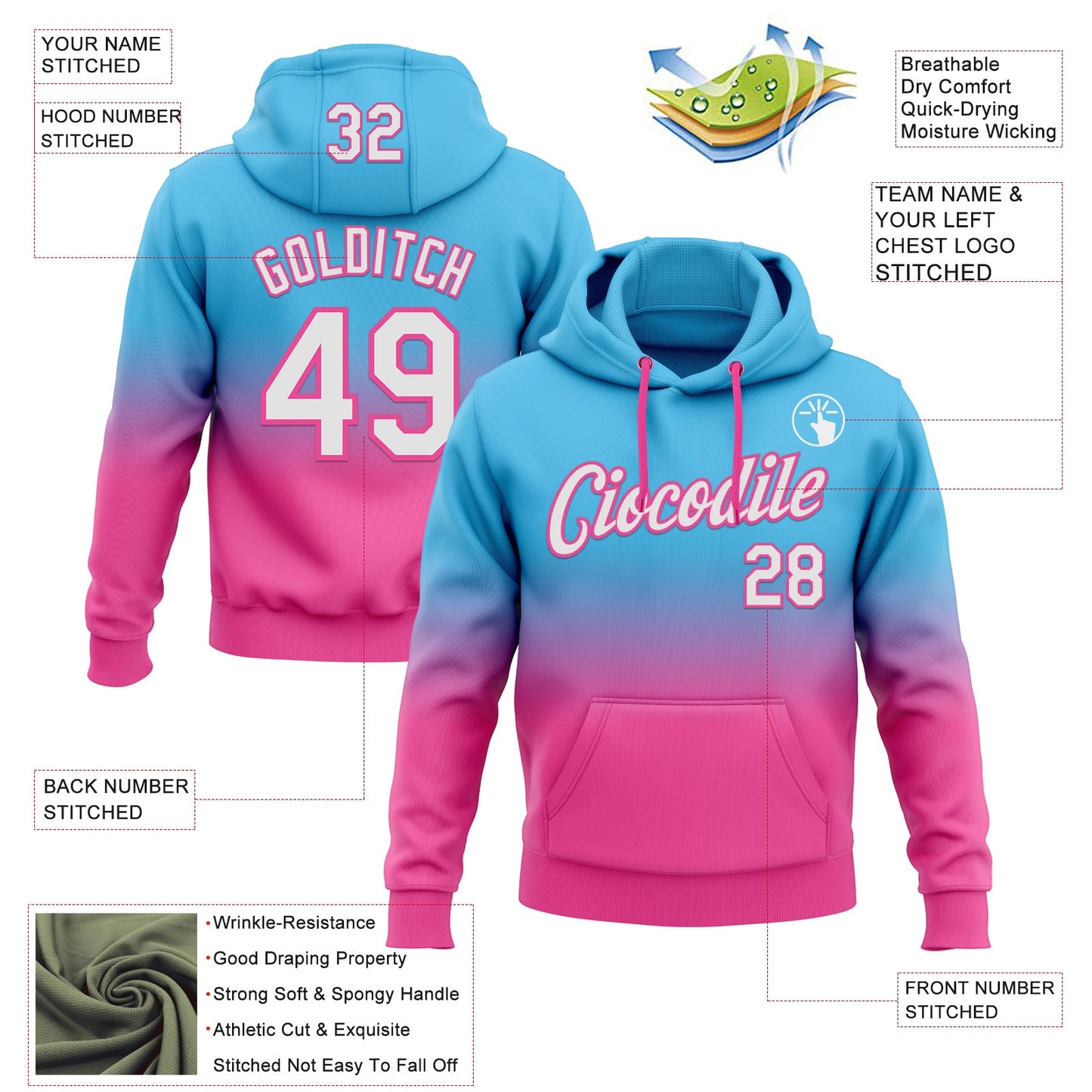 Custom Stitched Sky Blue White-Pink Fade Fashion Sports Pullover Sweatshirt Hoodie view 2